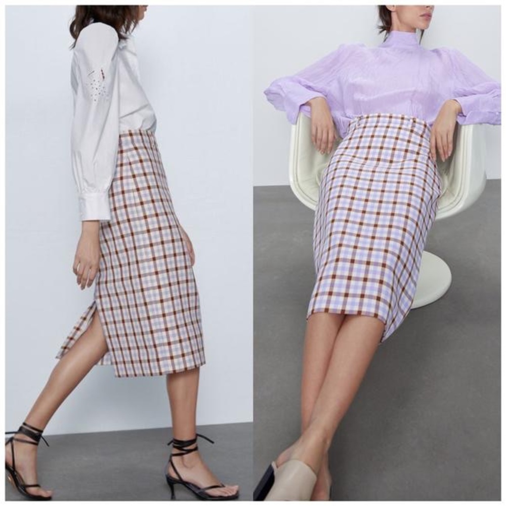 Zara lilac and brown plaid pencil skirt